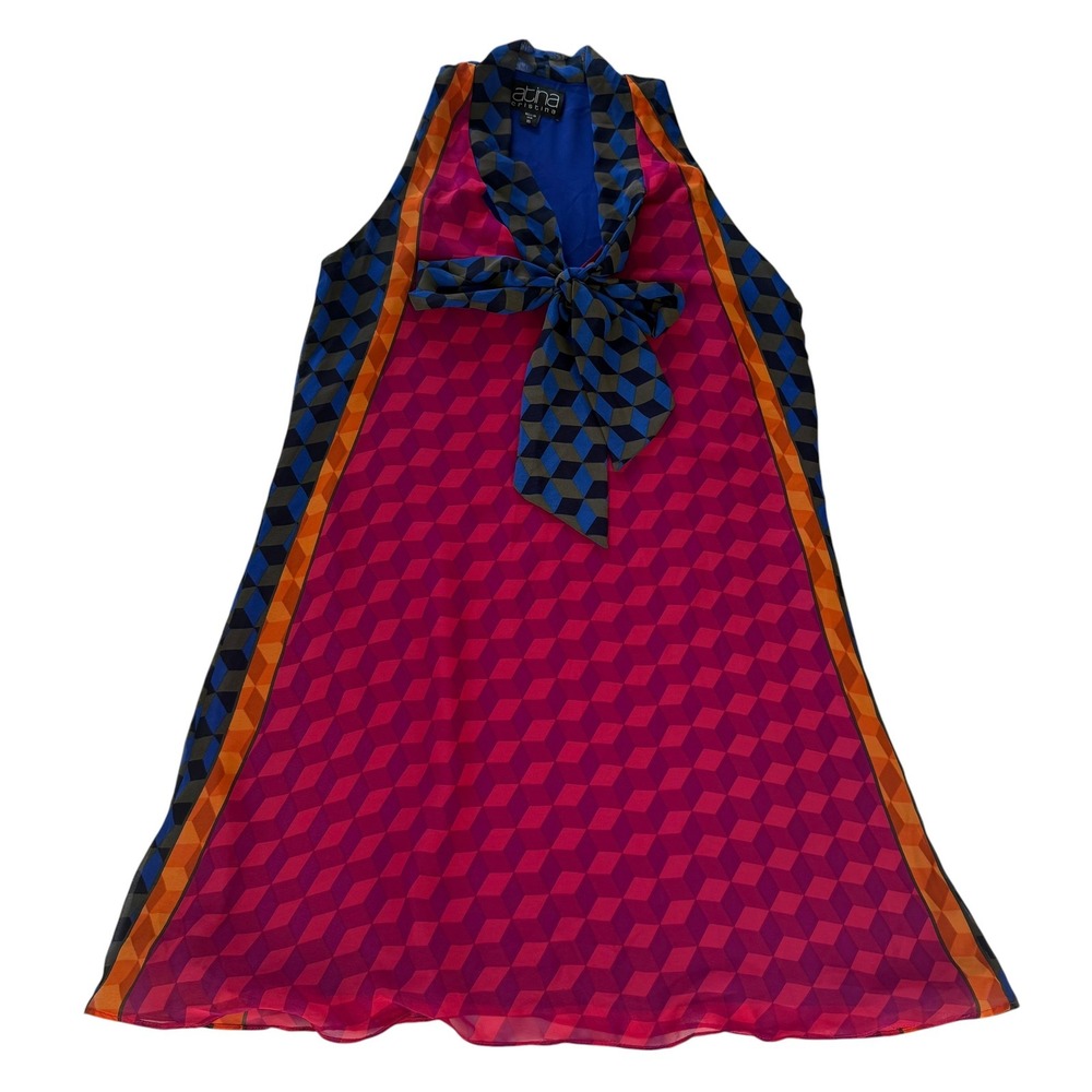 Atina Cristina Geometric Cube Print Tie Neck Shift Mini‎ Dress Pink Blue XS USA - Picture 7 of 7
